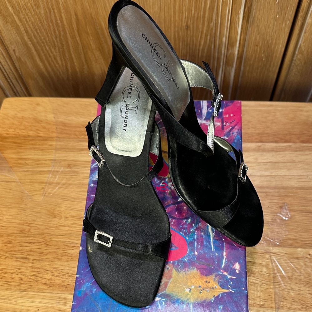 Chinese Laundry Black Satin Heels with Buckle Accents